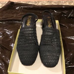 Black fabric mesh design sling back pump 2” square heel